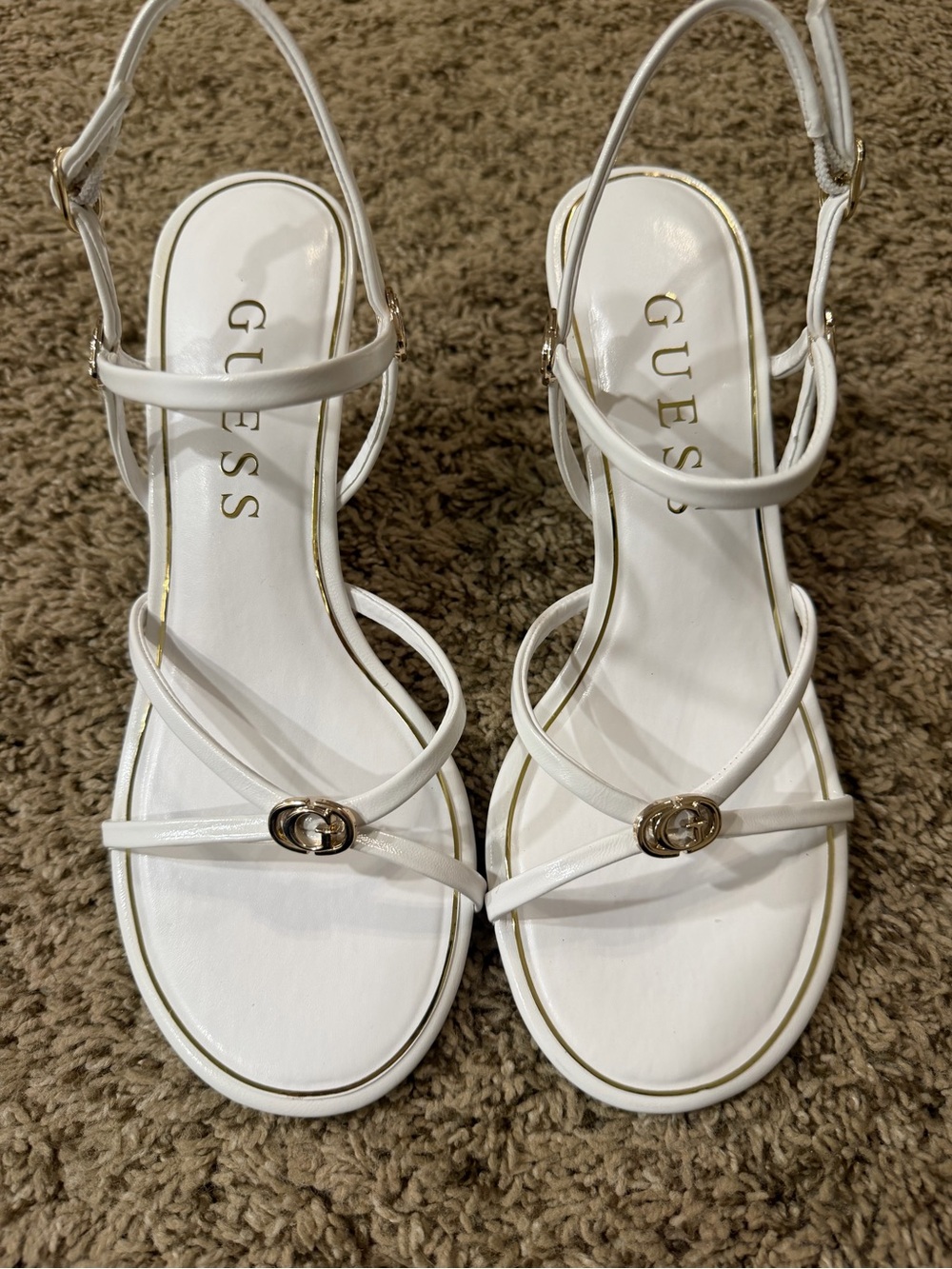 GUESS White Strappy Heeled Sandals Gold Logo Hardware